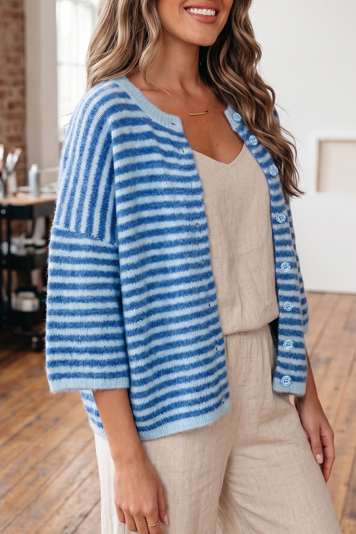 Blue Stripe Loose Half Sleeve Knit Button Down Sweater Cardigan-Sweaters & Cardigans/Cardigans-[Adult]-[Female]-2022 Online Blue Zone Planet