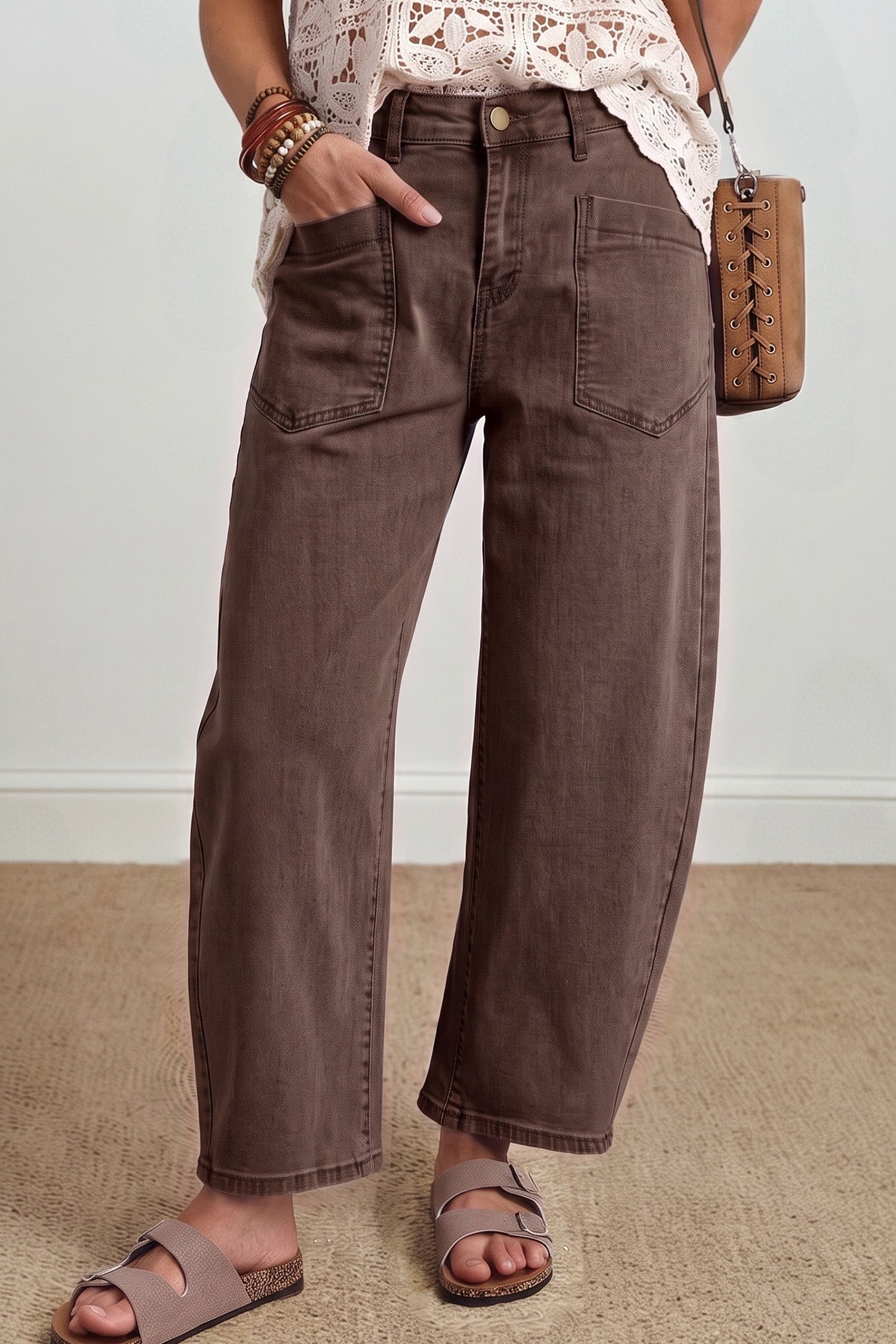Coffee Solid Color Square Patch Pocket Ankle-length Barrel Jeans-Bottoms/Jeans-[Adult]-[Female]-2022 Online Blue Zone Planet