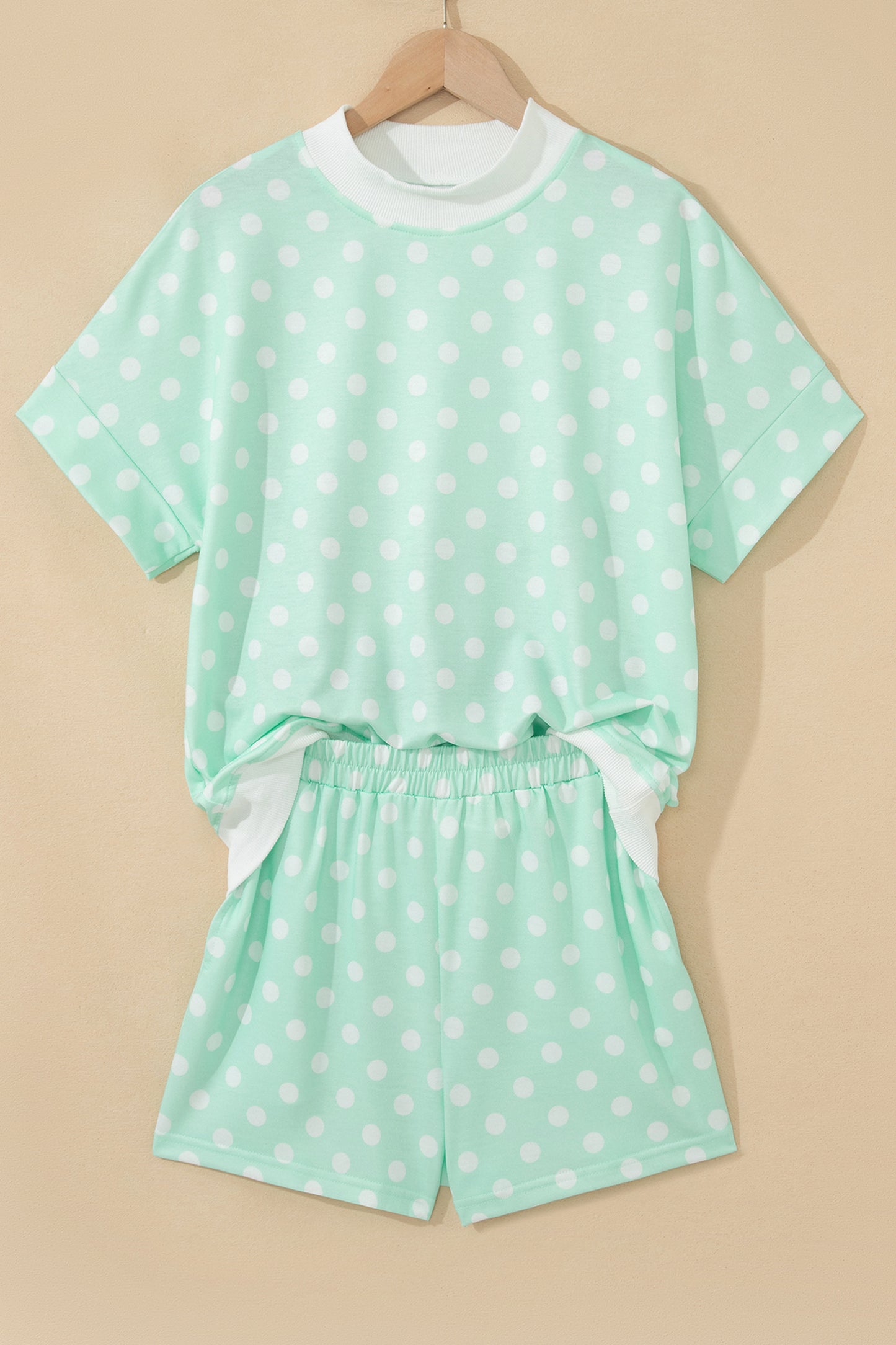 Sky Blue Polka Dot Print Color Block Trim Mock Neck Short Set-Two Piece Sets/Short Sets-[Adult]-[Female]-2022 Online Blue Zone Planet
