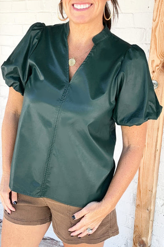 Sea Green Notched V Neck Short Puff Sleeve PU Leather Blouse-Tops/Blouses & Shirts-[Adult]-[Female]-Sea Green-S-2022 Online Blue Zone Planet