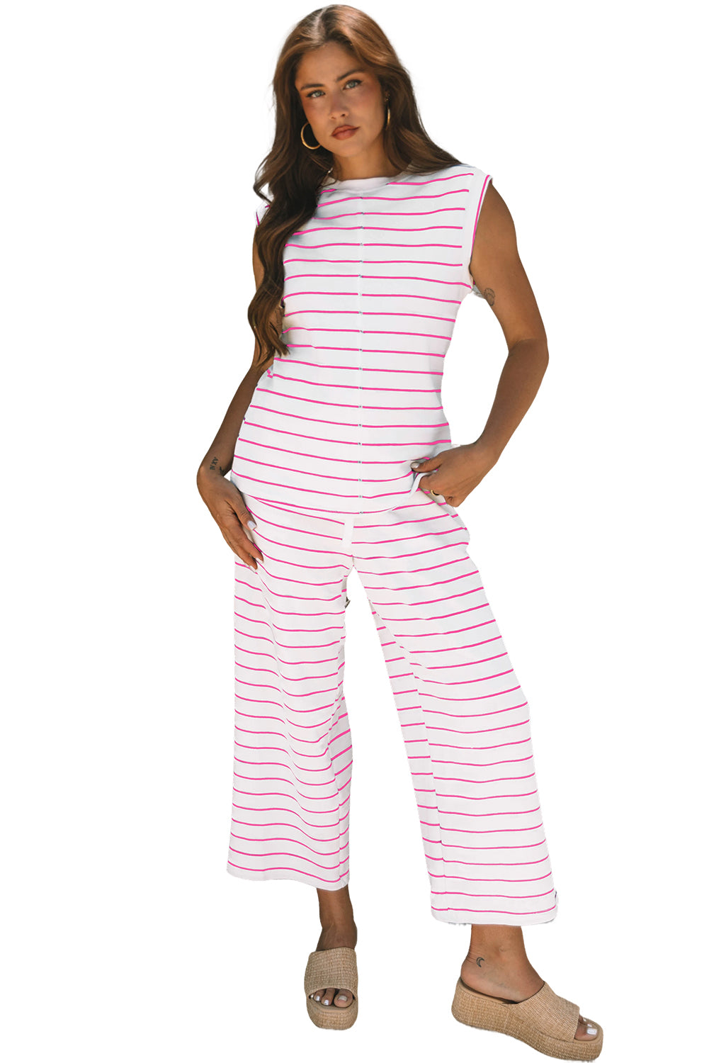 Rose Stripe Casual Wide Leg 2pcs Pants Set-Two Piece Sets/Pant Sets-[Adult]-[Female]-2022 Online Blue Zone Planet