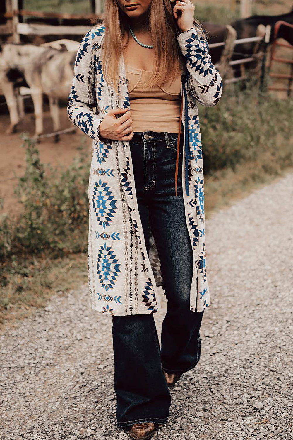 Sky Blue Western Aztec Printed Open Front Long Cardigan-Sweaters & Cardigans/Cardigans-[Adult]-[Female]-Sky Blue-S-2022 Online Blue Zone Planet