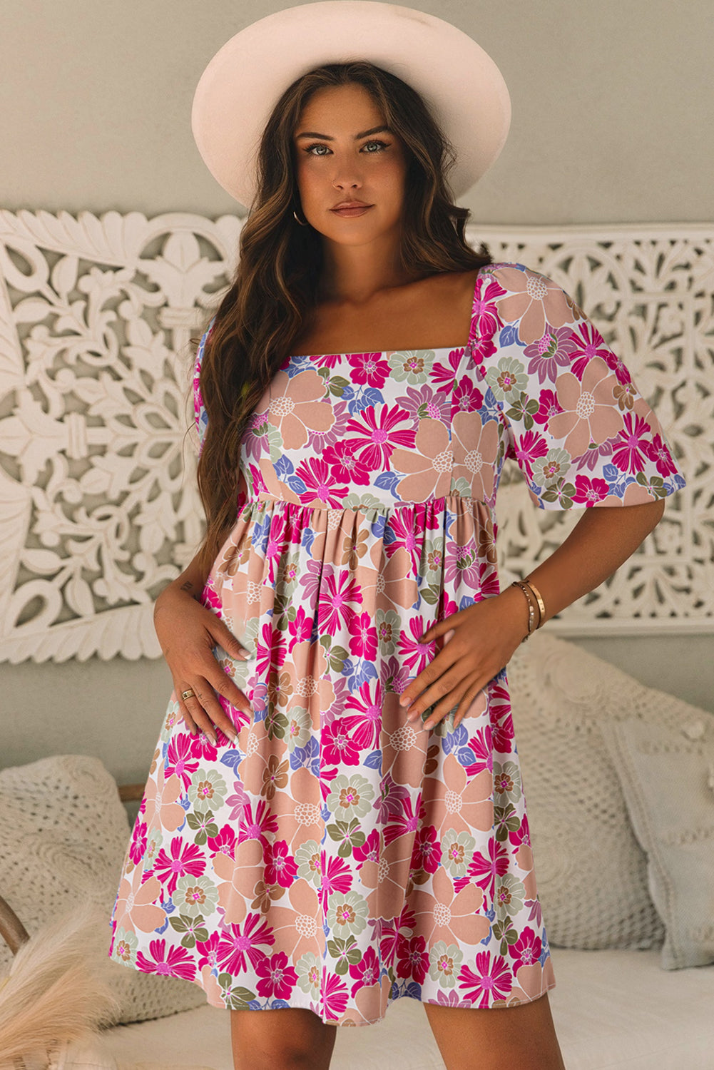 Blue Zone Planet | Rose Summer Floral Square Neck Puff Sleeve Babydoll Dress-TOPS / DRESSES-[Adult]-[Female]-2022 Online Blue Zone Planet