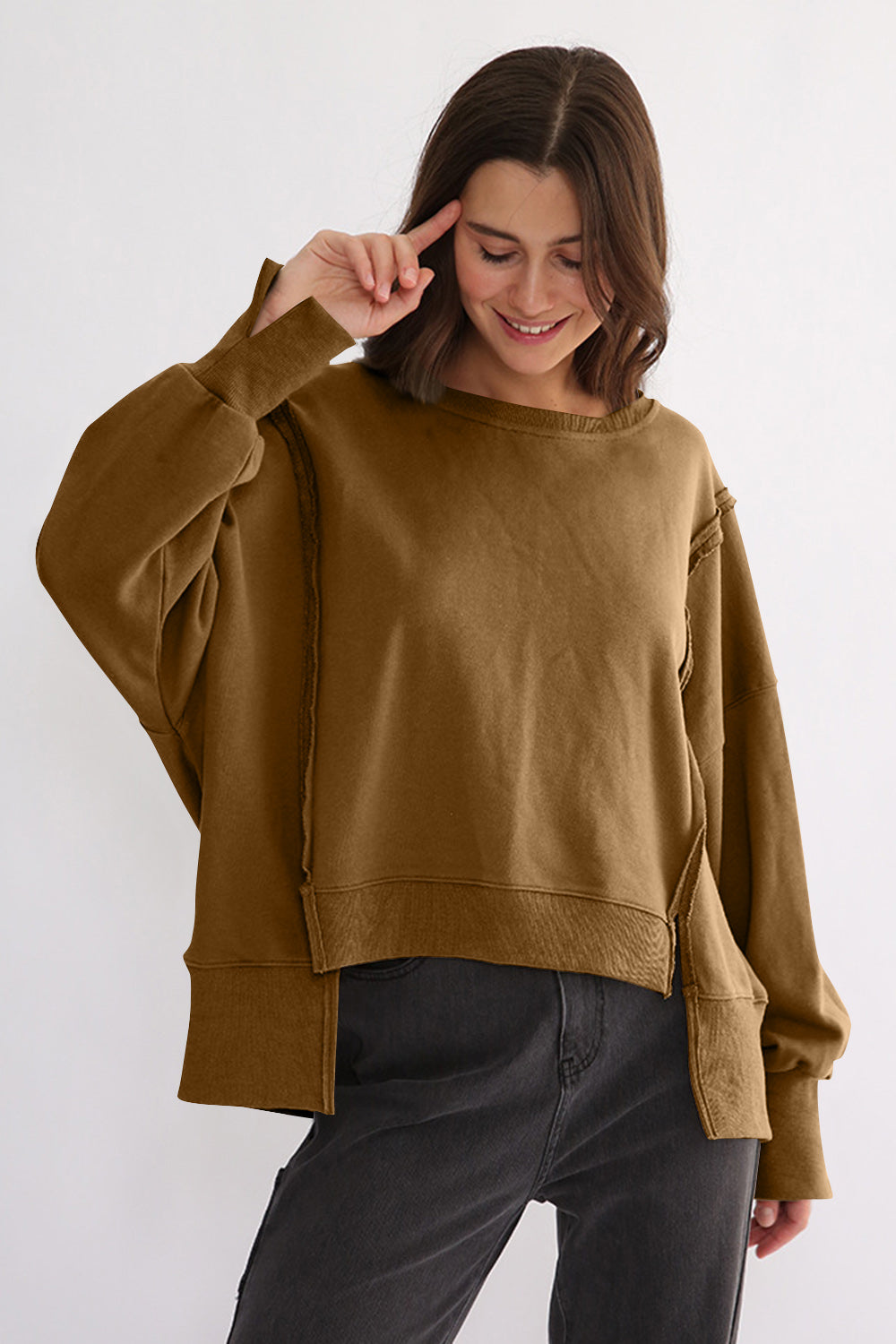 Exposed Seam High-Low Long Sleeve Sweatshirt-TOPS / DRESSES-[Adult]-[Female]-Camel-One Size-2022 Online Blue Zone Planet