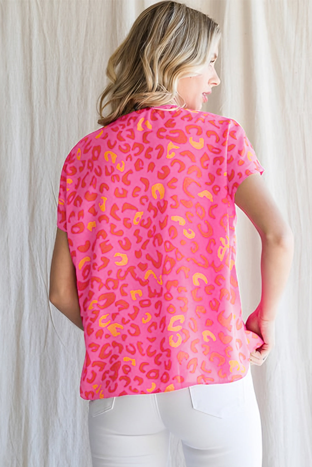 Pink Leopard V Neck Short Sleeve Blouse-Tops/Blouses & Shirts-[Adult]-[Female]-2022 Online Blue Zone Planet