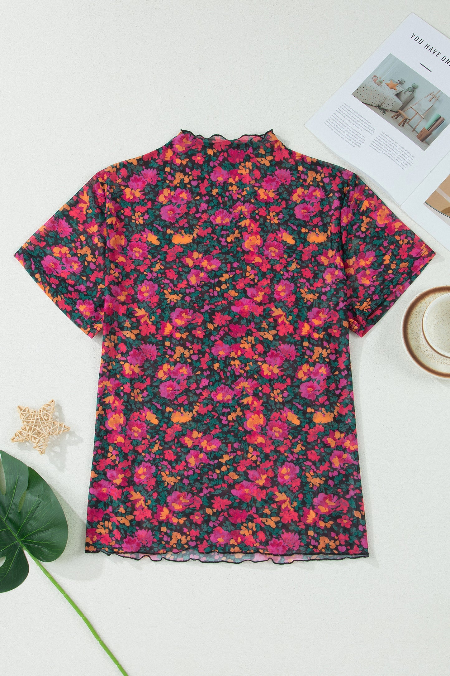Rose Plus Size Floral Mesh Short Sleeve Top-Plus Size/Plus Size Tops/Plus Size Tops & Tees-[Adult]-[Female]-2022 Online Blue Zone Planet