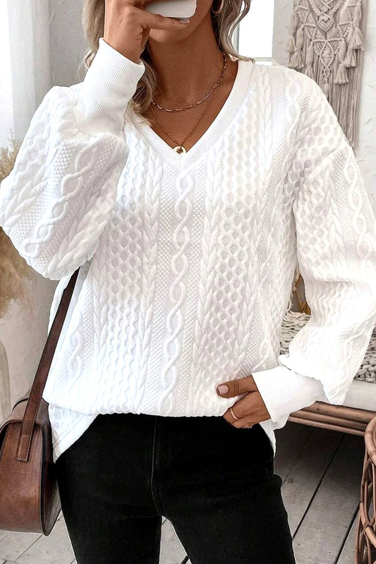 White Solid Color Textured V Neck Drop Shoulder Knit Top-Tops/Long Sleeve Tops-[Adult]-[Female]-White-S-2022 Online Blue Zone Planet