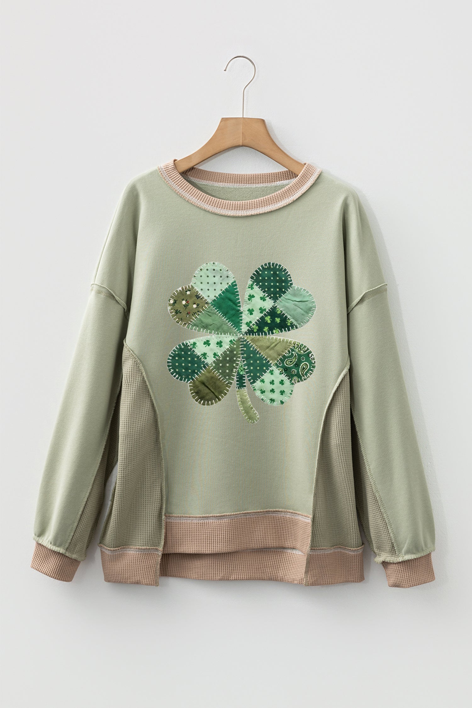 Smoke Green Waffled Color Block St Patricks Day Clover Patched Baggy Sweatshirt-Graphic Sweatshirts-[Adult]-[Female]-2022 Online Blue Zone Planet