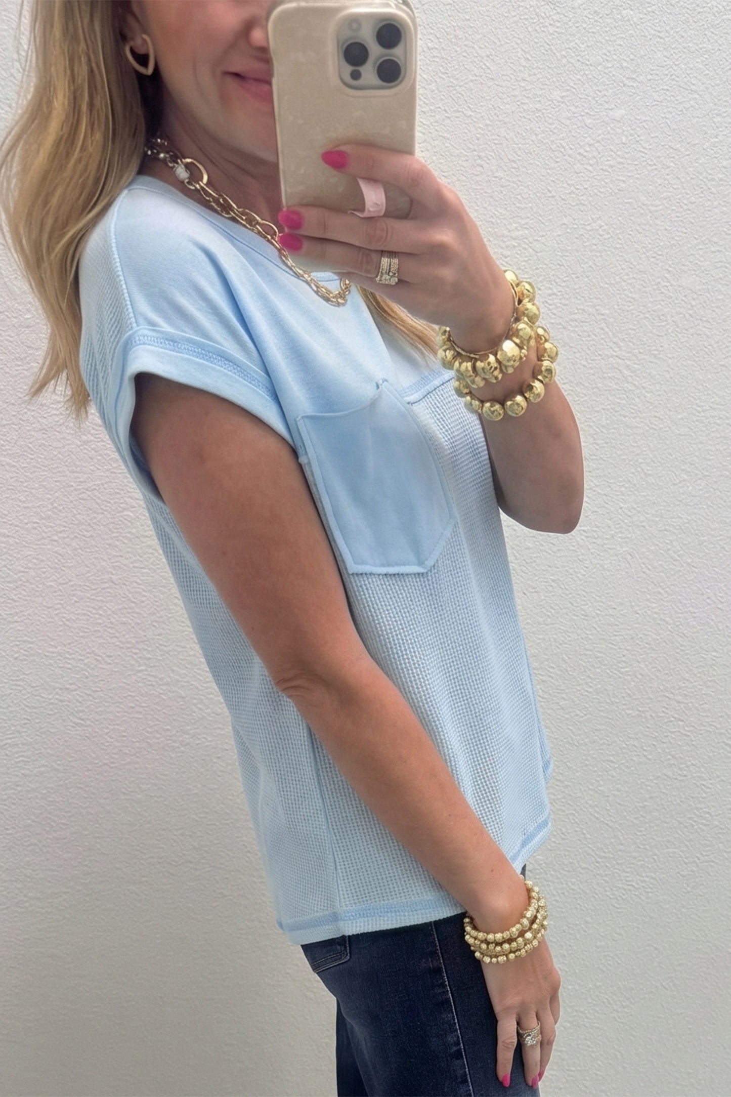 Pink Solid Color Raw Seam Waffled Patchwork Casual T Shirt-Tops/Tops & Tees-[Adult]-[Female]-2022 Online Blue Zone Planet