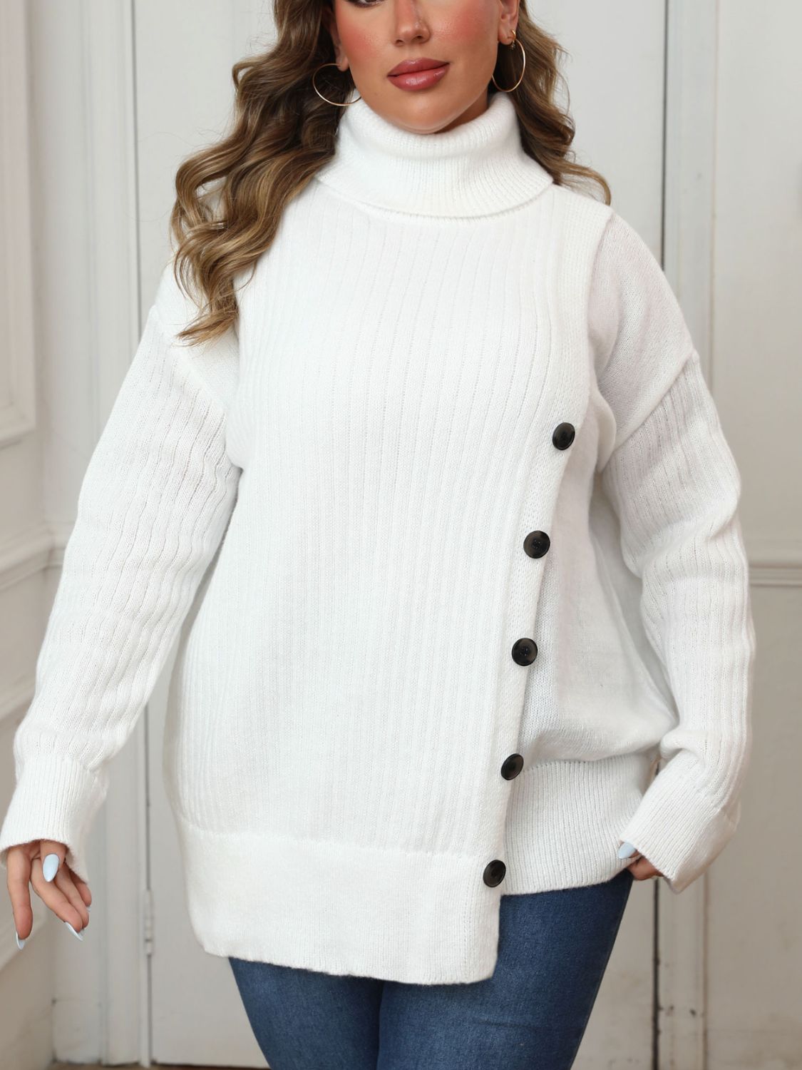 Plus Size Turtleneck Long Sleeve Sweater-TOPS / DRESSES-[Adult]-[Female]-White-0XL-2022 Online Blue Zone Planet