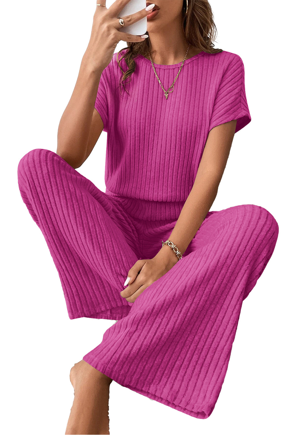 Rose Red Solid Color Ribbed Short Sleeve Wide Leg Jumpsuit Blue Zone Planet