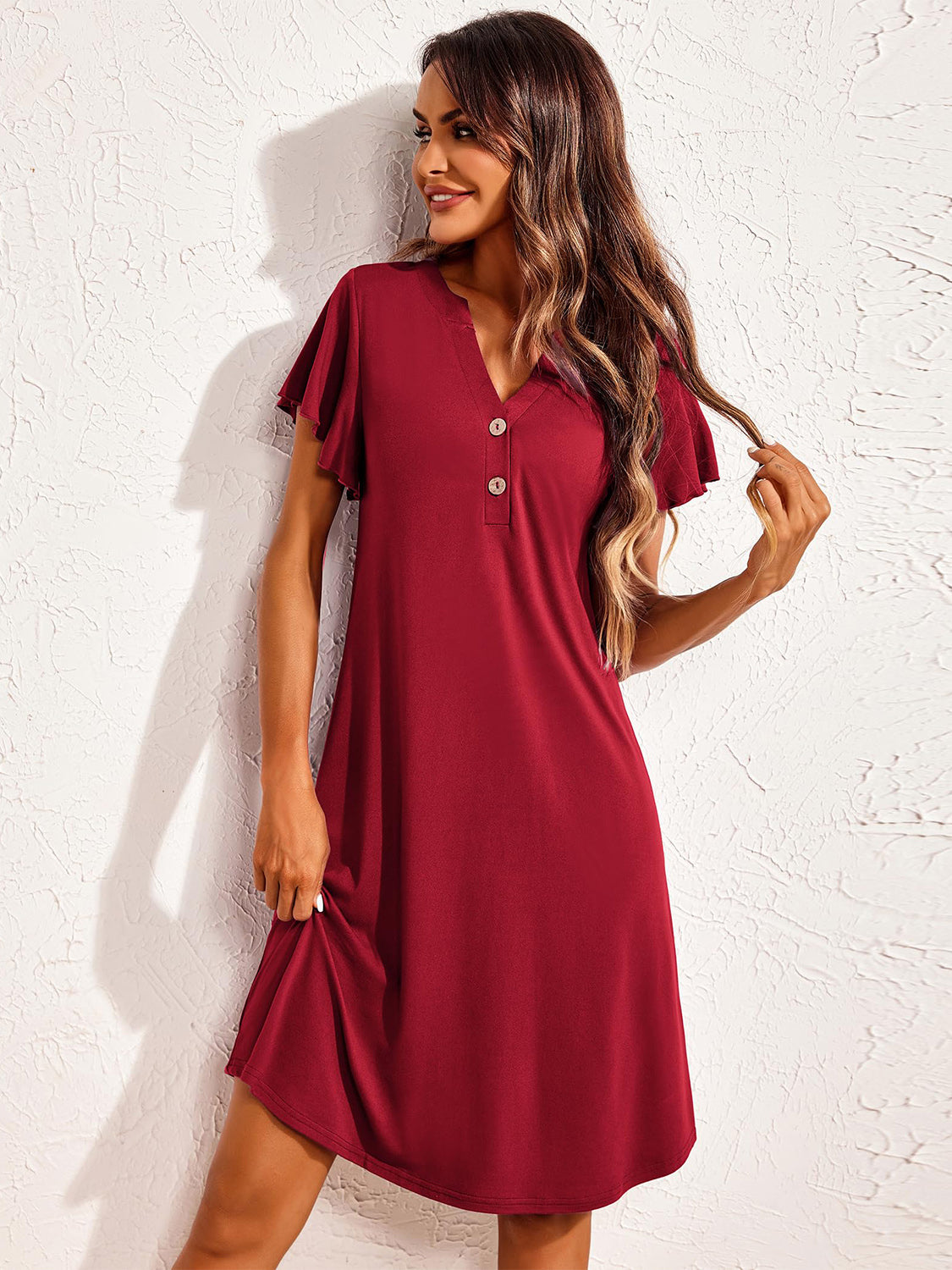 Notched Short Sleeve Lounge Dress-TOPS / DRESSES-[Adult]-[Female]-Burgundy-S-2022 Online Blue Zone Planet