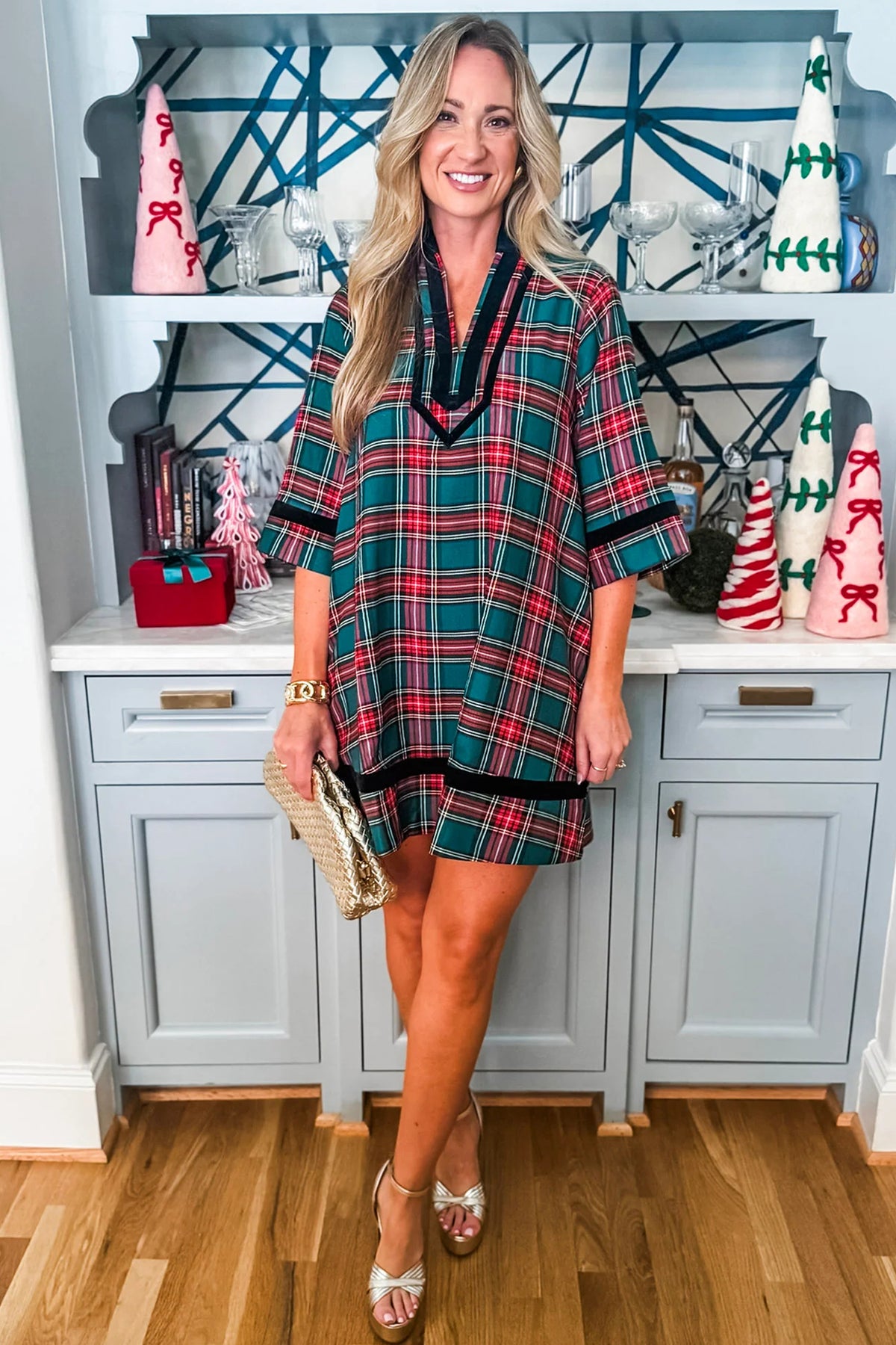 Green Plaid Velvet Trim Pockets Short Shift Dress-TOPS / DRESSES-[Adult]-[Female]-2022 Online Blue Zone Planet