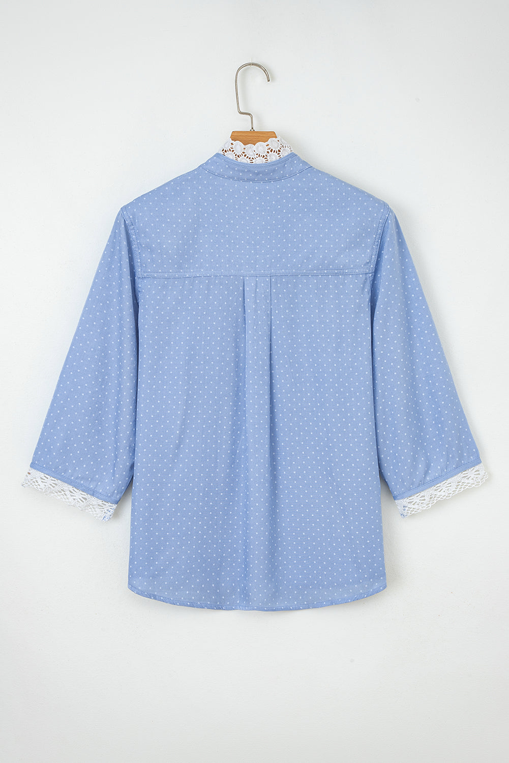 Beau Blue Lace Trim Patchwork Dotted Print Collared Denim Blouse-Tops/Blouses & Shirts-[Adult]-[Female]-2022 Online Blue Zone Planet