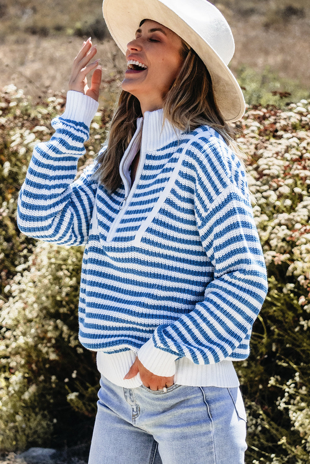 Blue Zone Planet | Black Stripe Zip up Collar Drop Shoulder Sweater-Sweaters & Cardigans/Sweaters-[Adult]-[Female]-2022 Online Blue Zone Planet