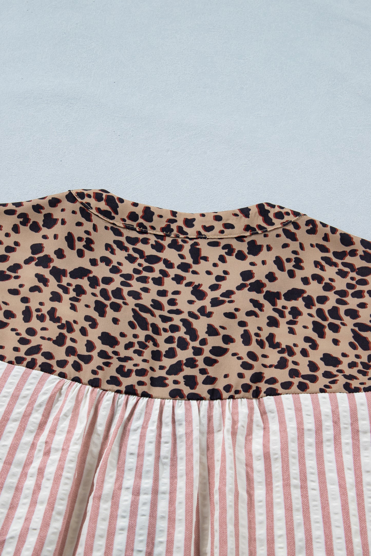 Pink Stripe Leopard Trim V Neck Button Down Half Sleeve Shirt-Tops/Blouses & Shirts-[Adult]-[Female]-2022 Online Blue Zone Planet