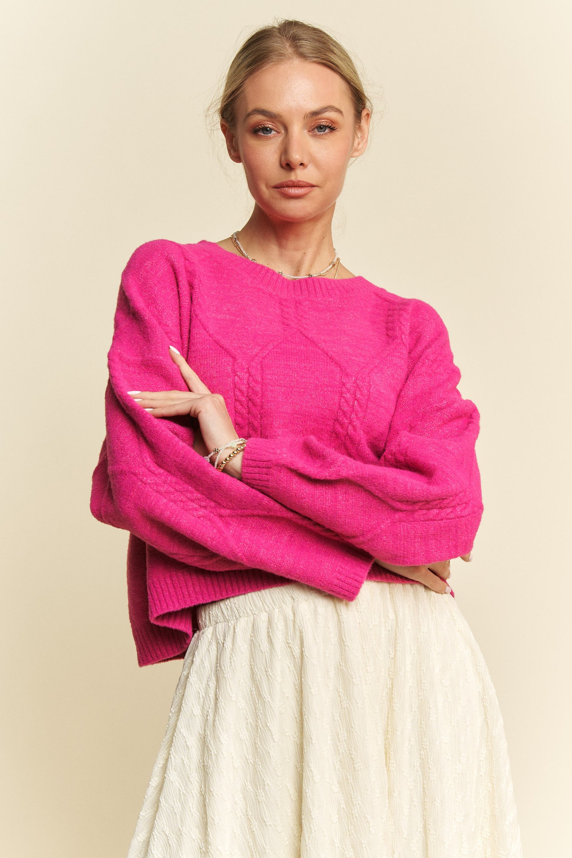 Davi & Dani Diamond Cable Pattern Drop Shoulder Sweater-TOPS / DRESSES-[Adult]-[Female]-2022 Online Blue Zone Planet
