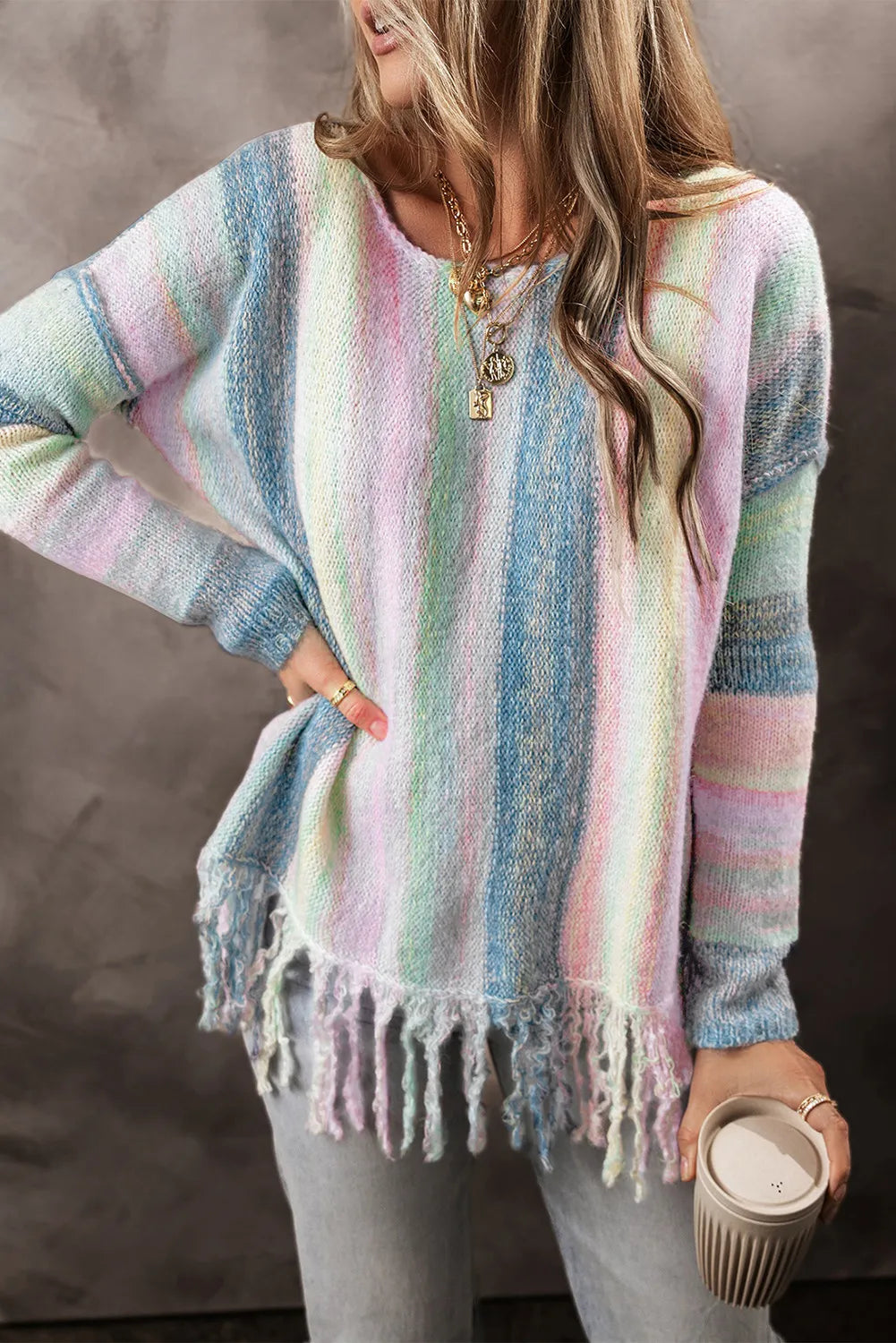 Fringe Color Block Round Neck Sweater-TOPS / DRESSES-[Adult]-[Female]-2022 Online Blue Zone Planet