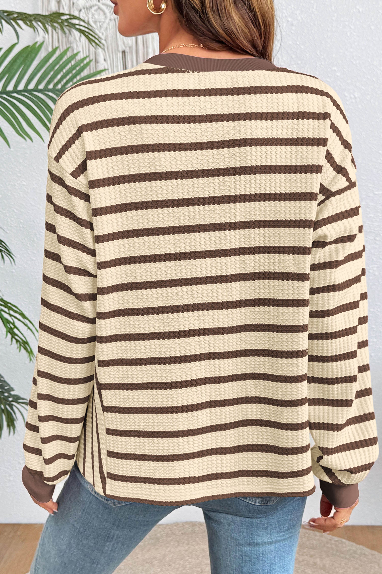 Brown Stripe Patchwork Ribbed Cuff Casual Pullover Sweatshirt-Tops/Sweatshirts & Hoodies-[Adult]-[Female]-2022 Online Blue Zone Planet