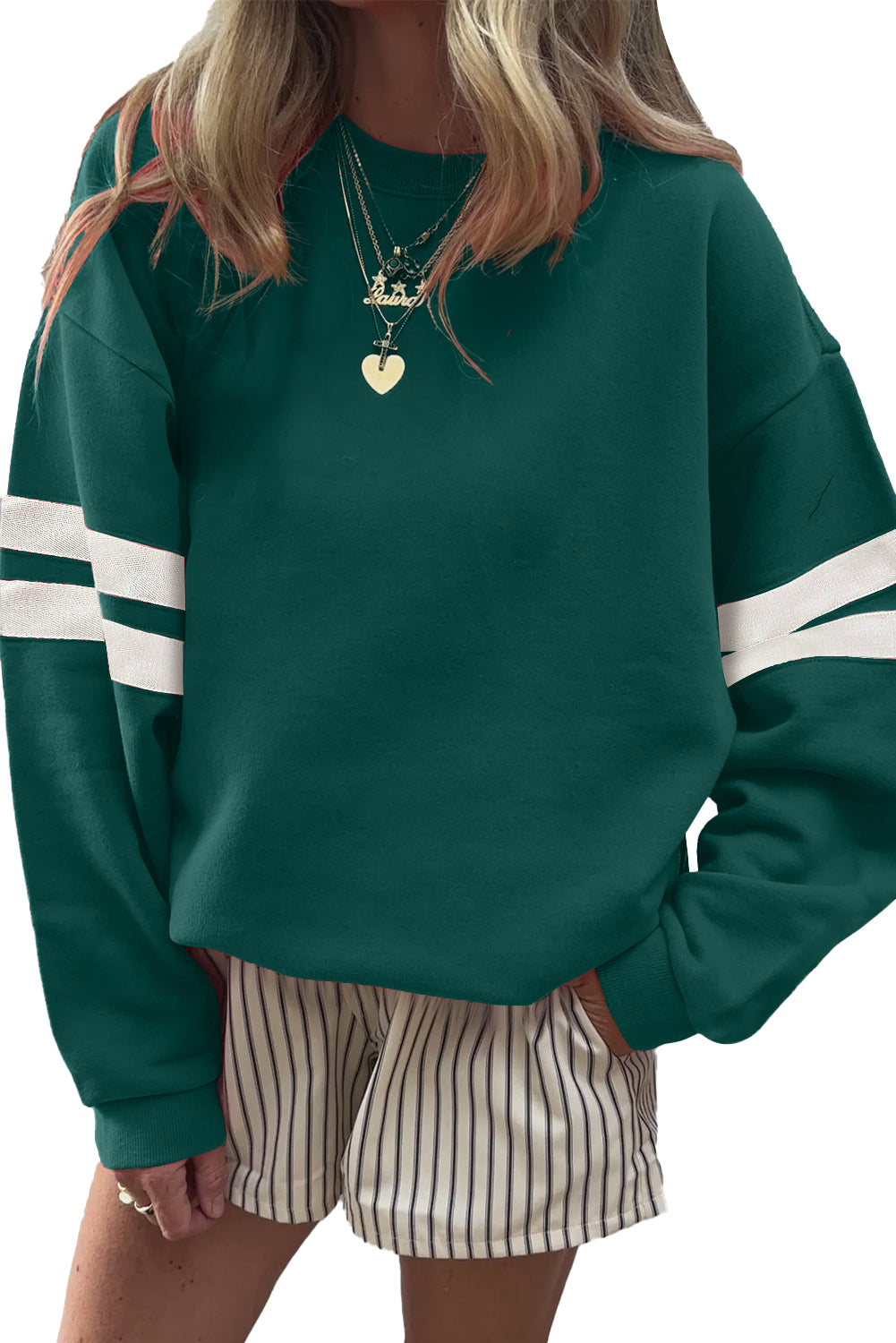 Evergreen Varsity Striped Detail Drop Shoulder Oversized Sweatshirt-Tops/Sweatshirts & Hoodies-[Adult]-[Female]-2022 Online Blue Zone Planet
