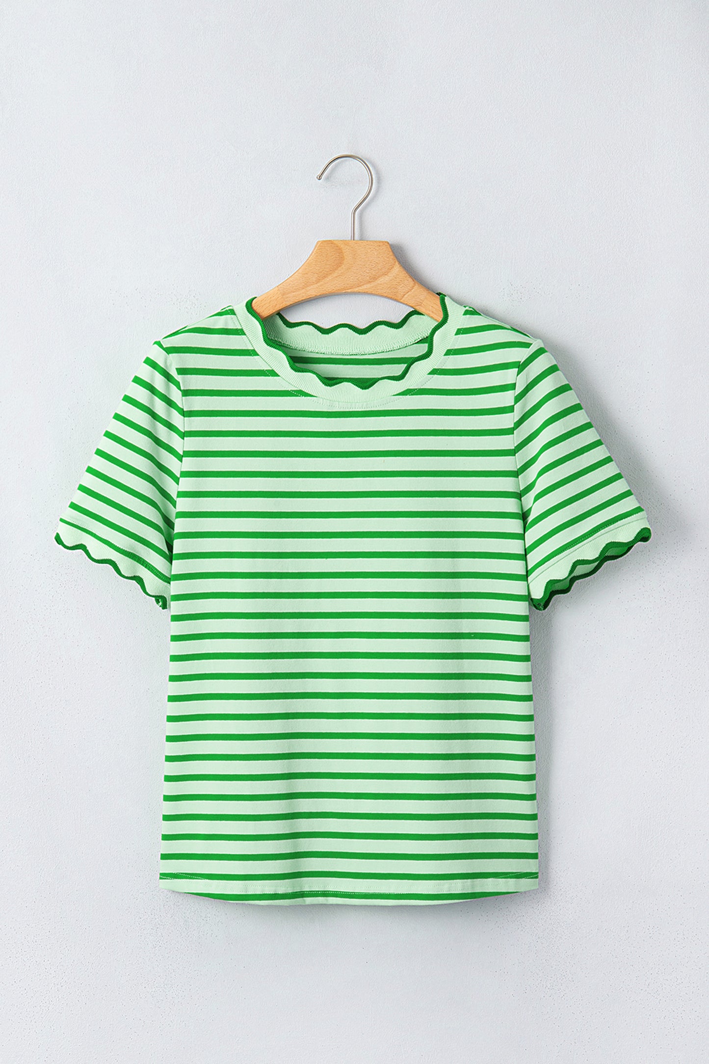 Green Stripe Scalloped Trim Round Neck T Shirt-Tops/Tops & Tees-[Adult]-[Female]-2022 Online Blue Zone Planet