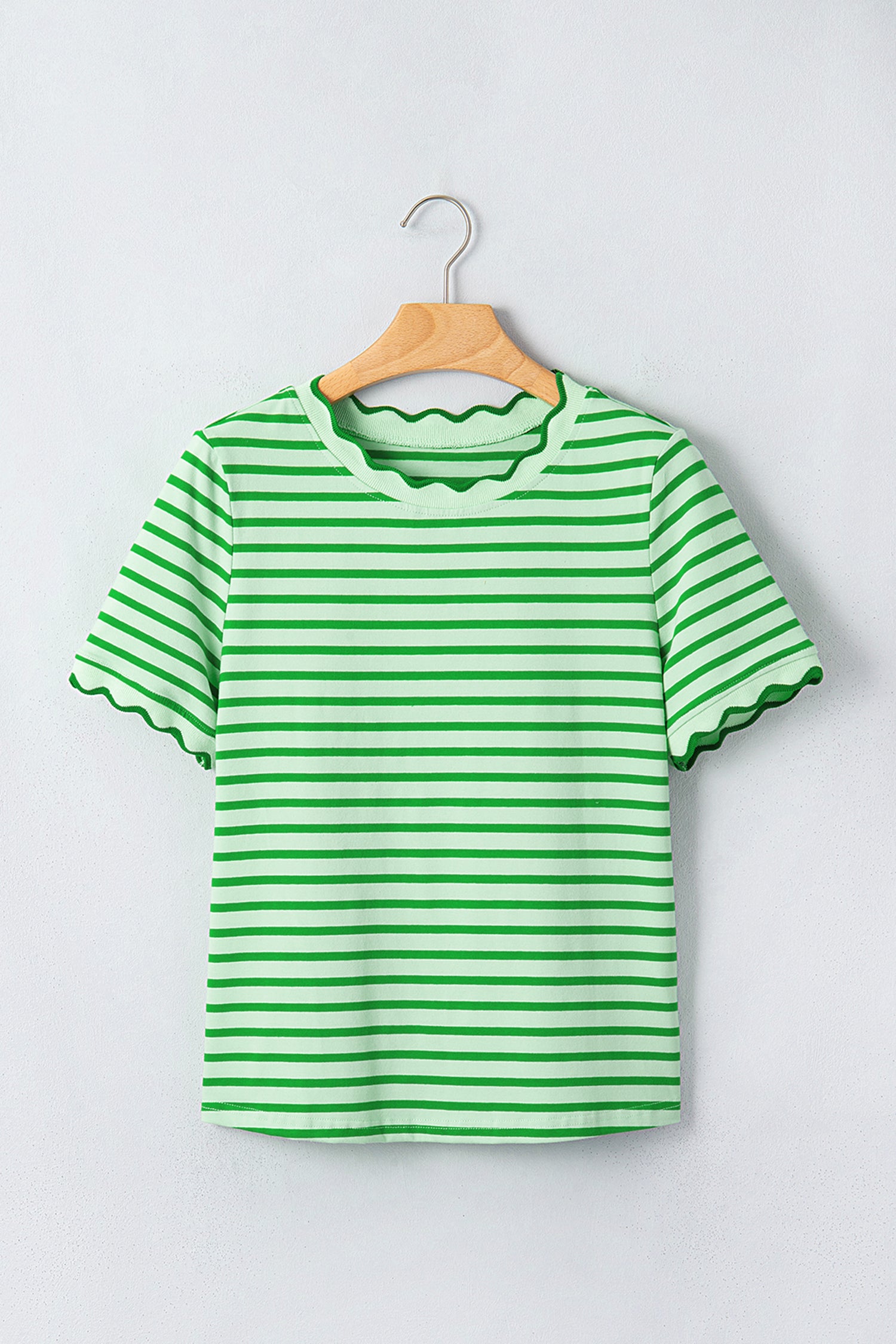 Green Stripe Scalloped Trim Round Neck T Shirt-Tops/Tops & Tees-[Adult]-[Female]-2022 Online Blue Zone Planet