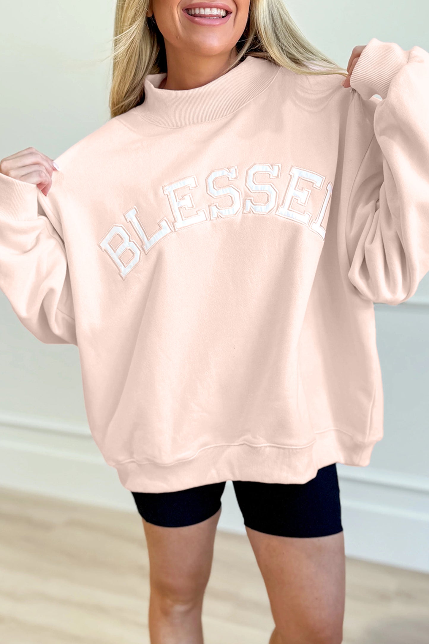 Light Pink Oversize Blessed Embroidered Mock Neck Sweatshirt-Tops/Sweatshirts & Hoodies-[Adult]-[Female]-Light Pink-S-2022 Online Blue Zone Planet