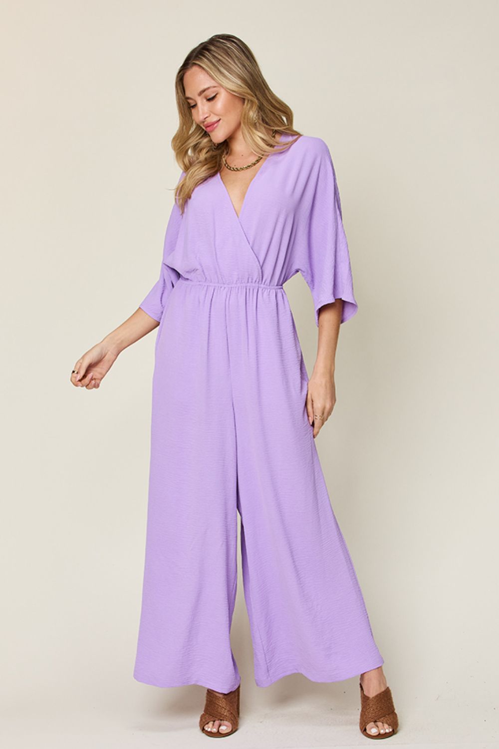 Double Take Full Size Surplice Wide Leg Jumpsuit with Pockets-TOPS / DRESSES-[Adult]-[Female]-Lavender-S-2022 Online Blue Zone Planet