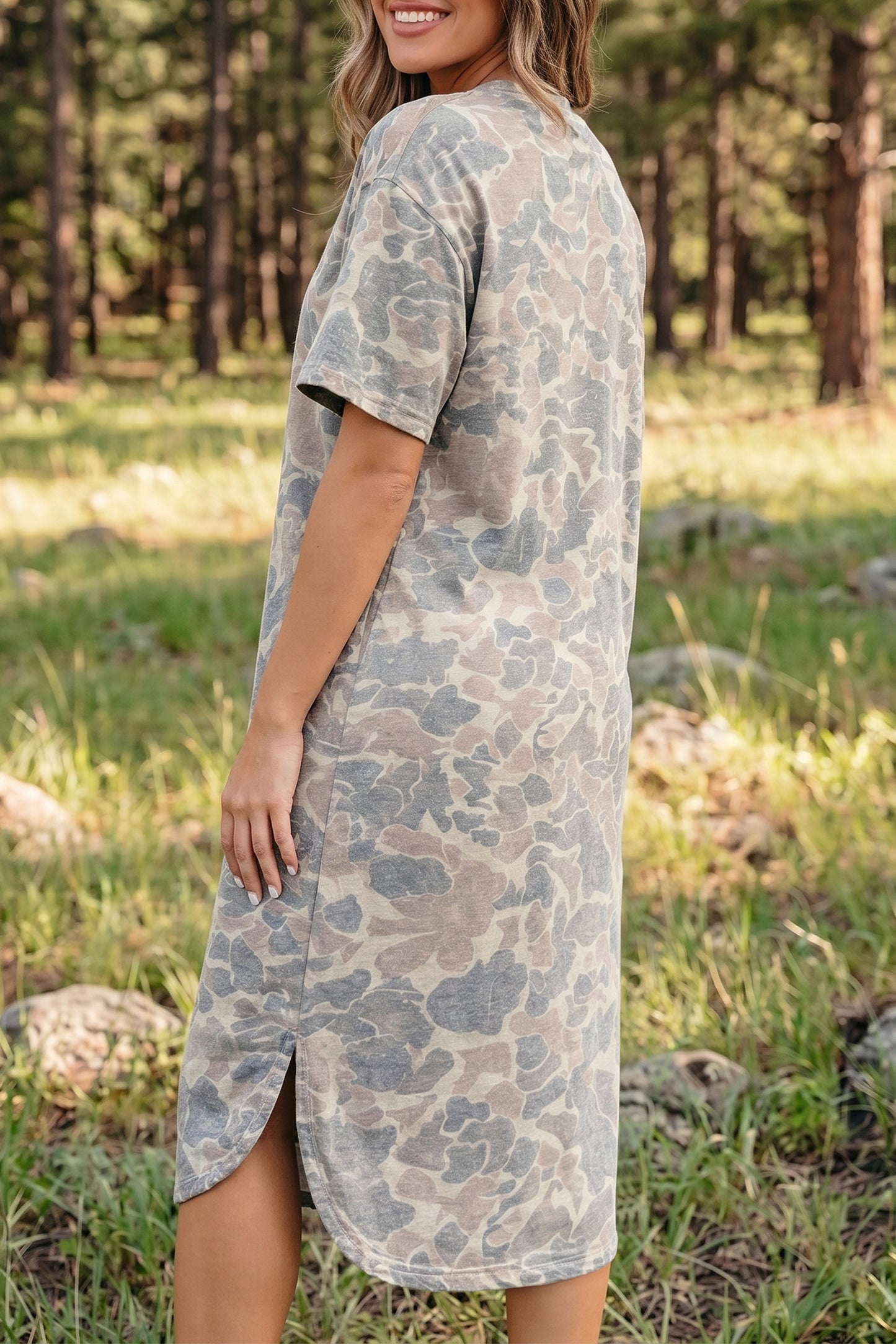 Multicolour Camouflage Print Short Sleeve Drop Shoulder Side Slit Casual Dress-TOPS / DRESSES-[Adult]-[Female]-2022 Online Blue Zone Planet