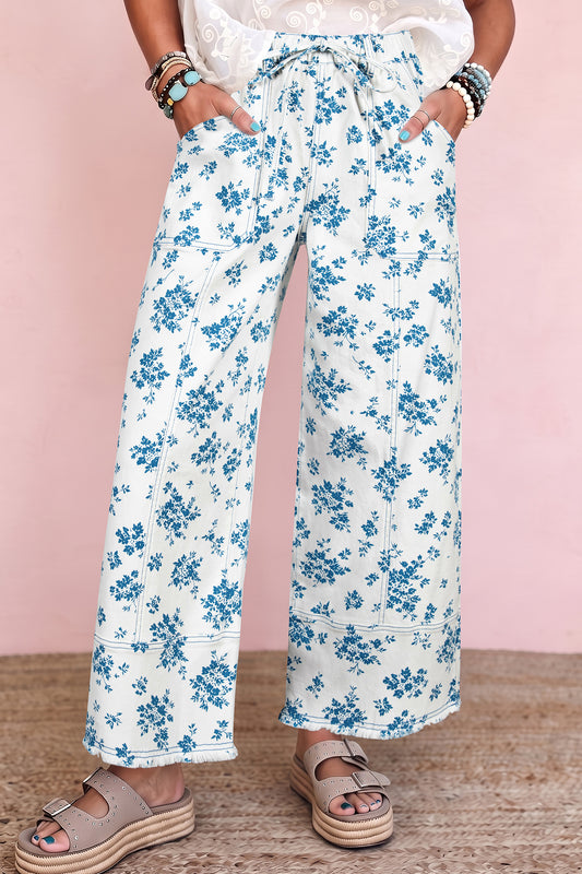 Sky Blue Floral Print Tie Waist Straight Leg Jeans-Bottoms/Jeans-[Adult]-[Female]-Sky Blue-4-2022 Online Blue Zone Planet