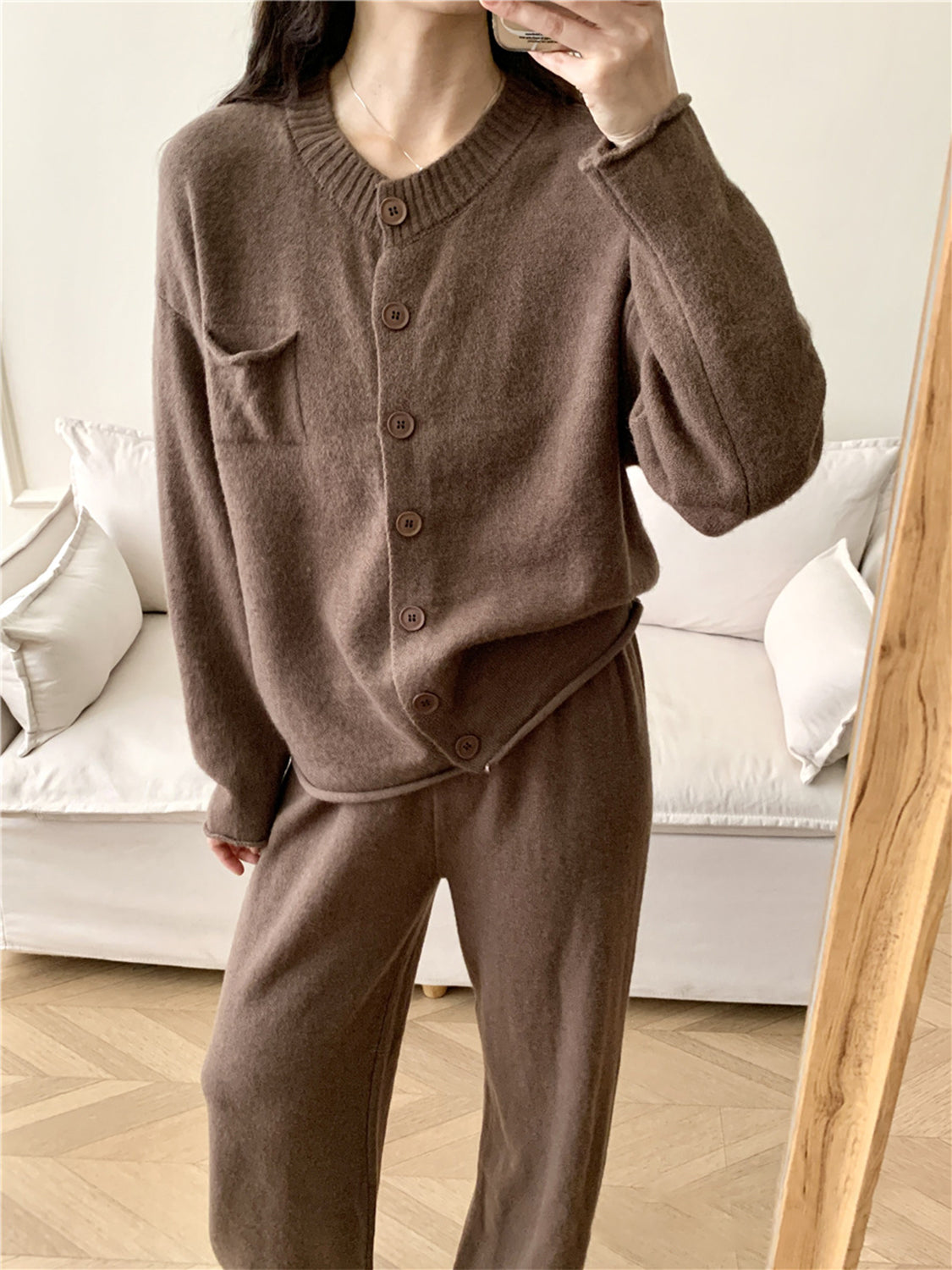 Pocketed Round Neck Button Up Cardigan and Pants Sweater Set-TOPS / DRESSES-[Adult]-[Female]-Taupe-One Size-2022 Online Blue Zone Planet