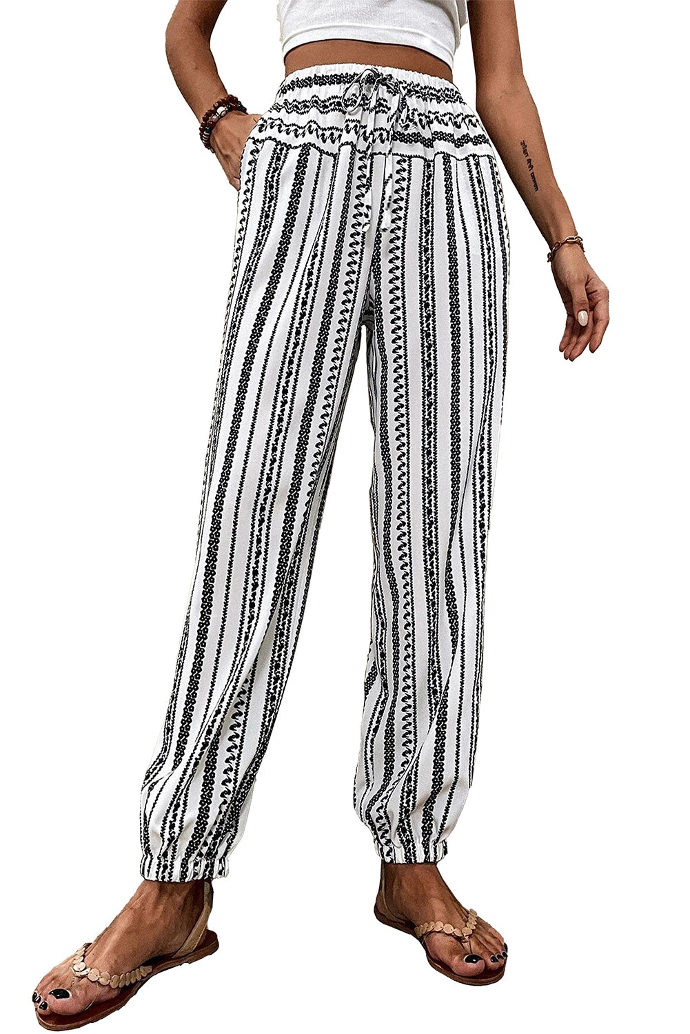 Black Stripe Boho Print Drawstring Elastic Waistband Casual Joggers-Bottoms/Pants & Culotte-[Adult]-[Female]-2022 Online Blue Zone Planet