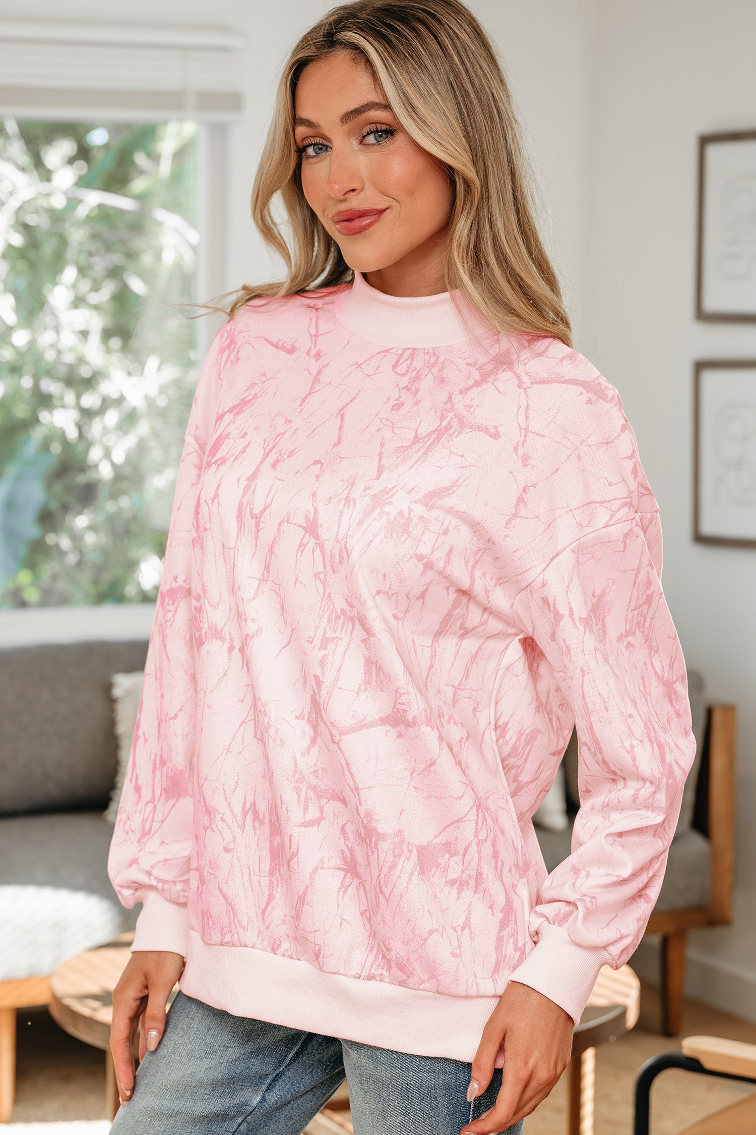 Pink Camo Mock Neck Baggy Sweatshirt-Tops/Sweatshirts & Hoodies-[Adult]-[Female]-2022 Online Blue Zone Planet