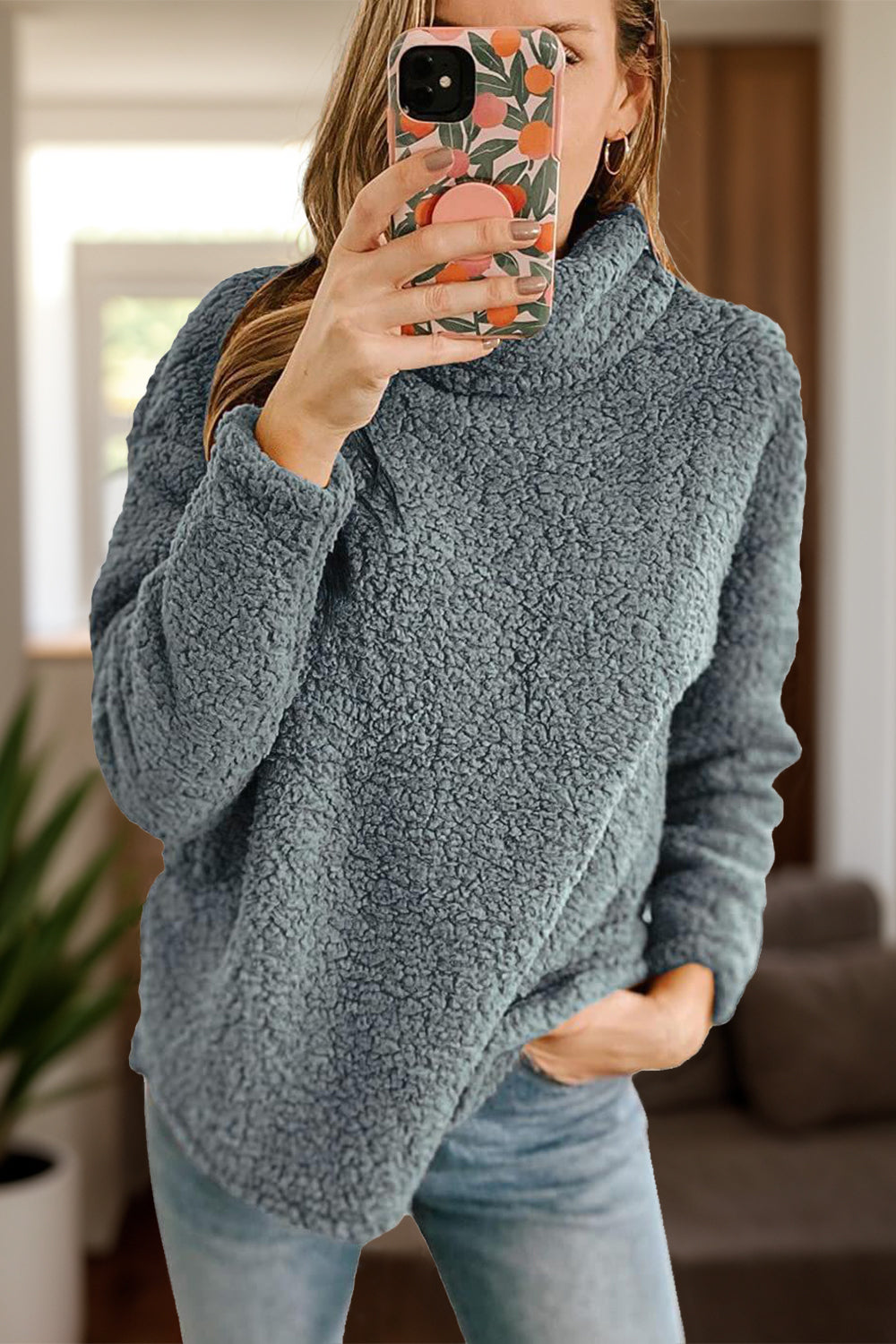 Fuzzy Turtleneck Long Sleeve Sweatshirt-TOPS / DRESSES-[Adult]-[Female]-Dark Gray-S-2022 Online Blue Zone Planet