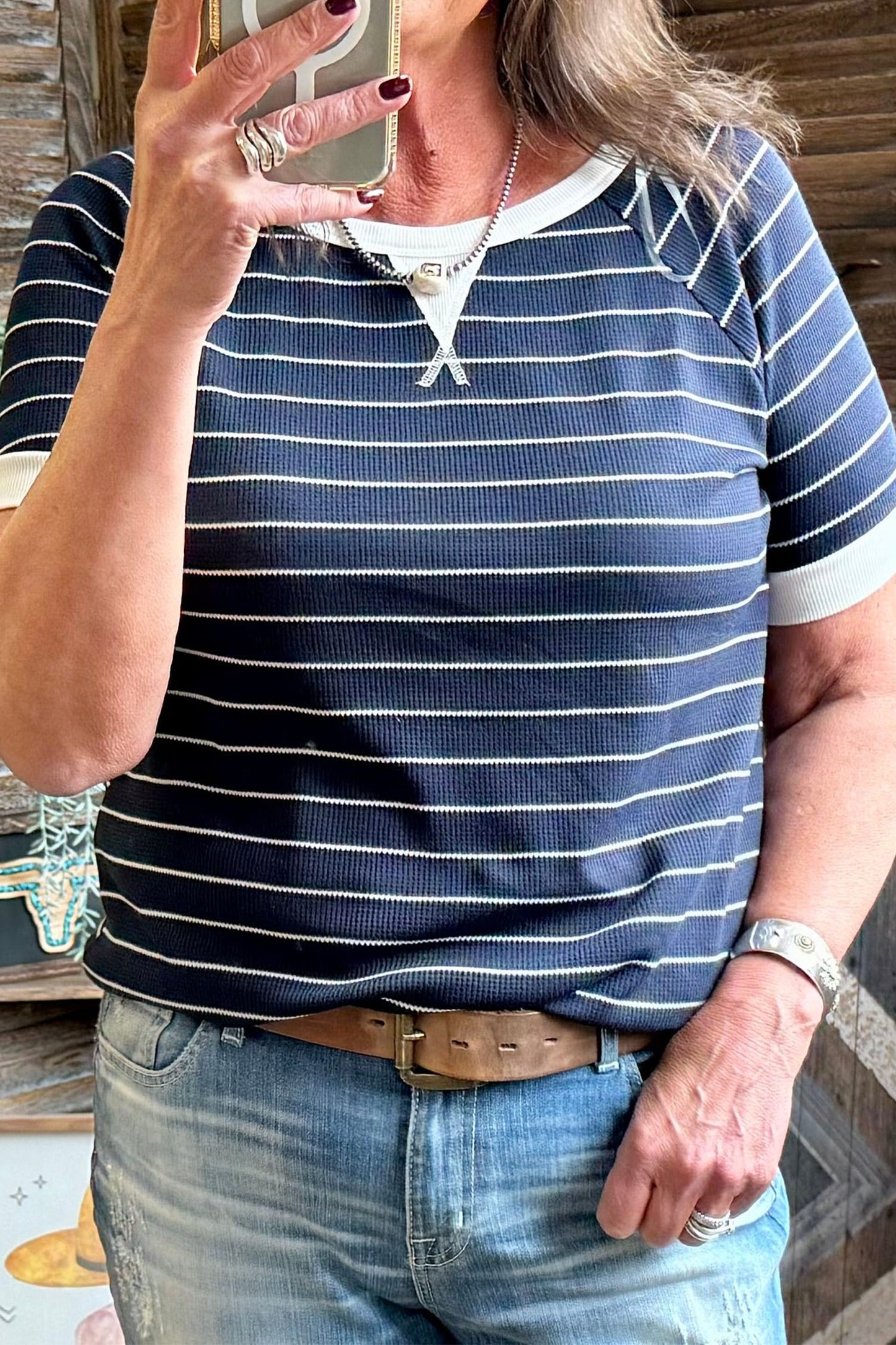 Blue Stripe Contrast Trim Plus Size Ribbed T Shirt-Plus Size/Plus Size Tops/Plus Size Tops & Tees-[Adult]-[Female]-Blue Stripe-1X-2022 Online Blue Zone Planet