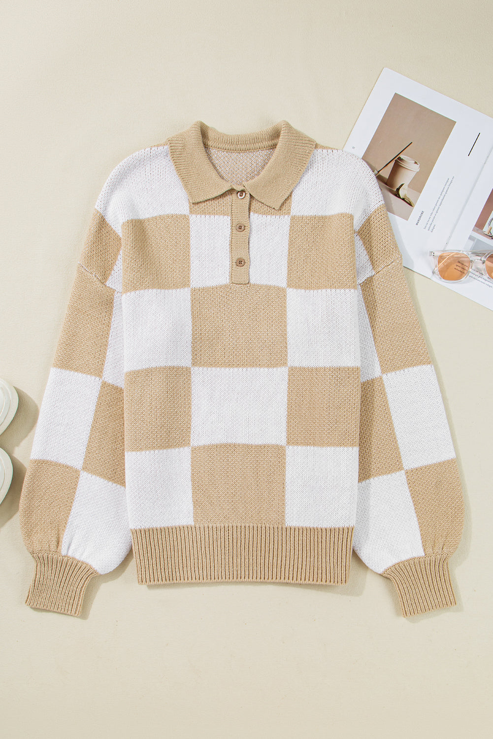 Light French Beige Checkered Pattern Polo Collar Loose Sweater-Sweaters & Cardigans/Sweaters-[Adult]-[Female]-2022 Online Blue Zone Planet