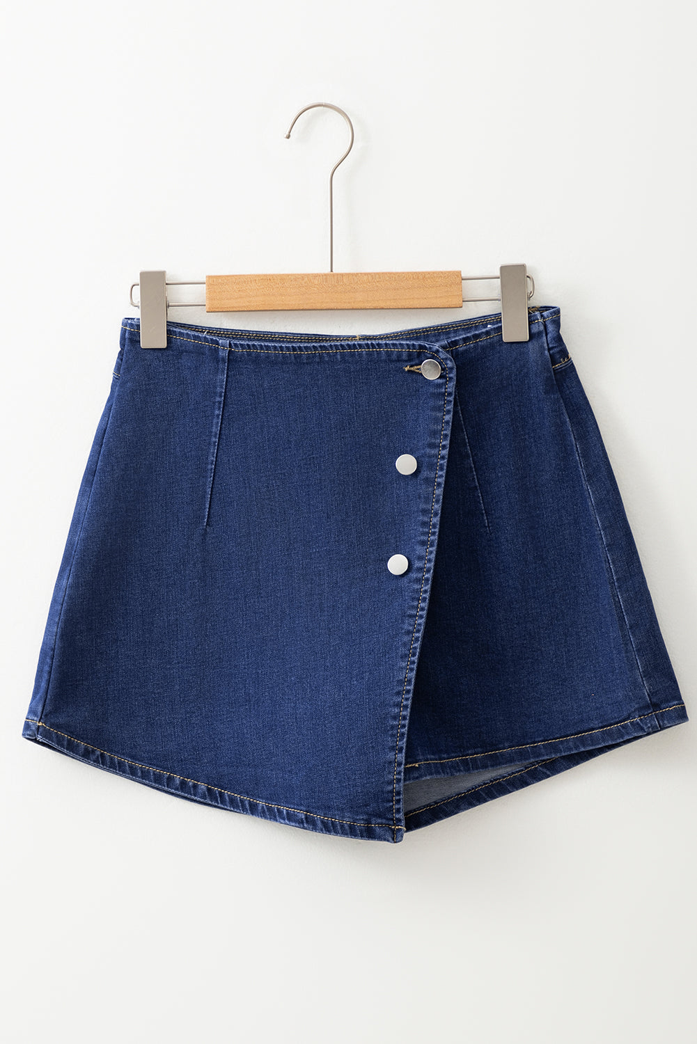 Blue Zone Planet | Bluing Asymmetric Wrapped Buttoned High Waist Denim Shorts-Bottoms/Denim Shorts-[Adult]-[Female]-2022 Online Blue Zone Planet