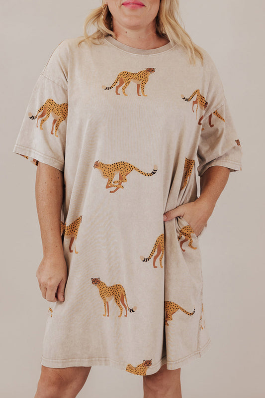 Apricot Plus Size Cheetah Print Side Pockets T Shirt Mini Dress-TOPS / DRESSES-[Adult]-[Female]-Apricot-1X-2022 Online Blue Zone Planet