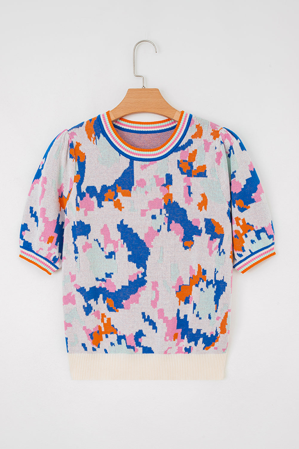 Apricot Abstract Pattern Knit Contrast Striped Trim Short Sleeve Sweater-Sweaters & Cardigans/Short Sleeve Sweaters-[Adult]-[Female]-2022 Online Blue Zone Planet