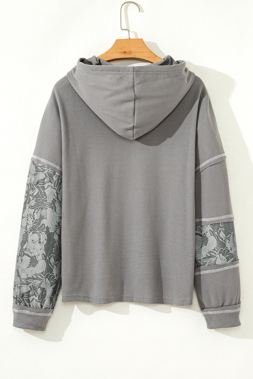 Gray Waffle Printed Patchwork Drawstring Hooded Long Sleeve Top-Tops / Dresses-[Adult]-[Female]-2022 Online Blue Zone Planet
