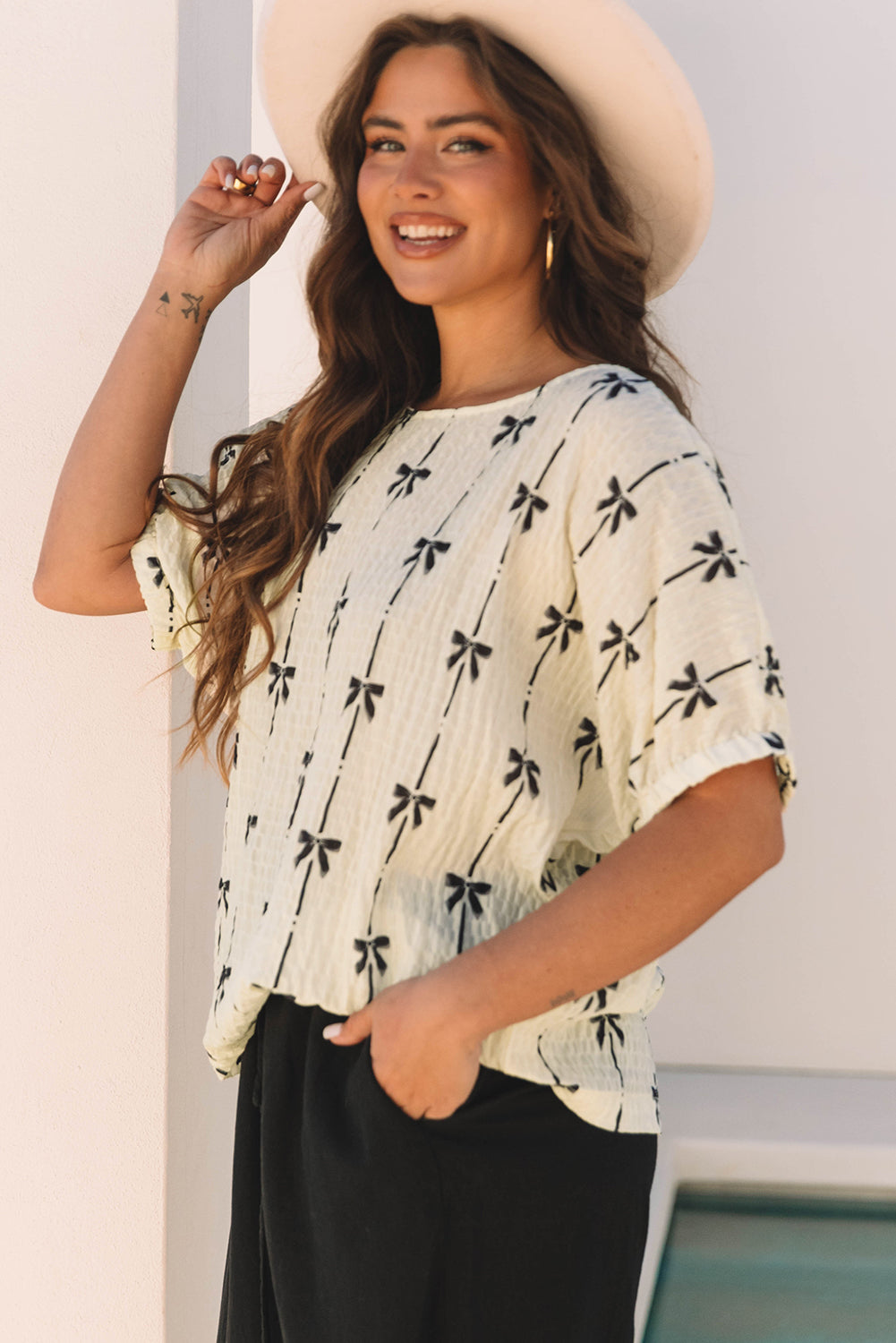 Beige Bow Print Puff Short Sleeve Top-Tops/Blouses & Shirts-[Adult]-[Female]-2022 Online Blue Zone Planet
