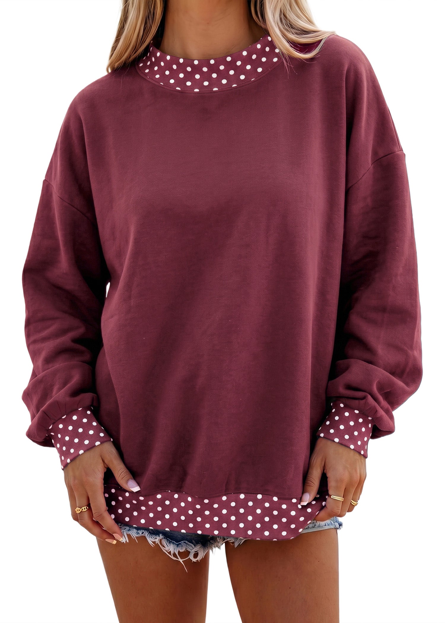 Dirty blue Colorblock Polka Dot Contrast Trim Oversized Sweatshirt-Tops/Sweatshirts & Hoodies-[Adult]-[Female]-2022 Online Blue Zone Planet