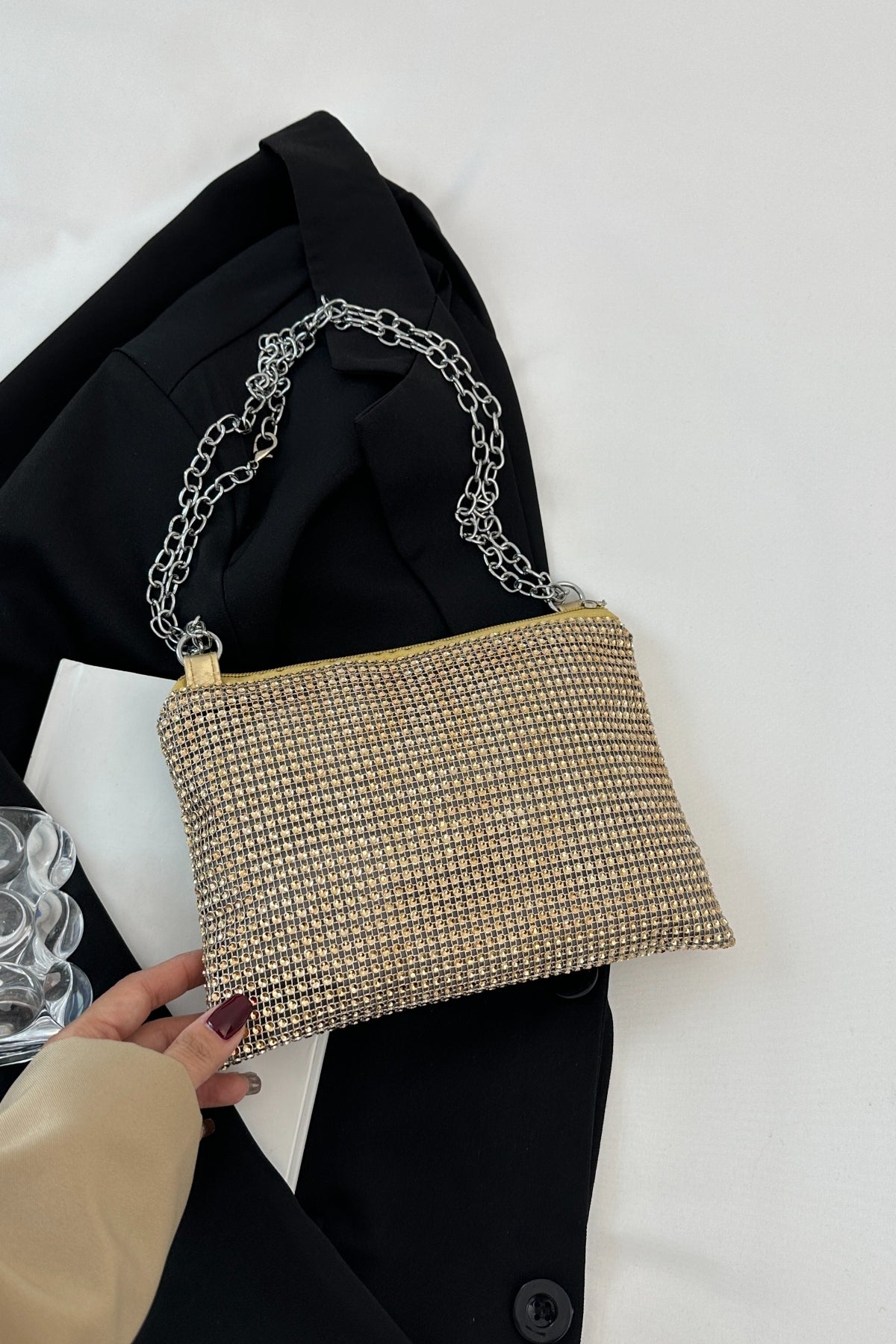 Rhinestone Polyester Chain Crossbody Bag-HANDBAGS-[Adult]-[Female]-2022 Online Blue Zone Planet