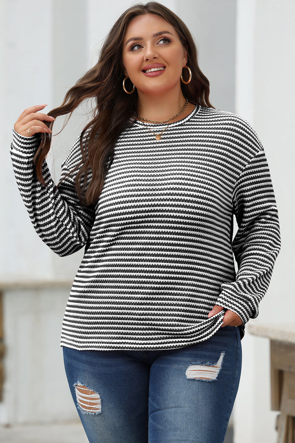 Rose Stripe Round Neck Drop Shoulder Long Sleeve Top-Tops/Long Sleeve Tops-[Adult]-[Female]-2022 Online Blue Zone Planet