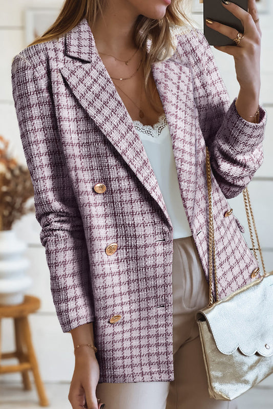 Burgundy Elegant Tweed Plaid Blazer-Outerwear/Blazers-[Adult]-[Female]-Burgundy-S-2022 Online Blue Zone Planet