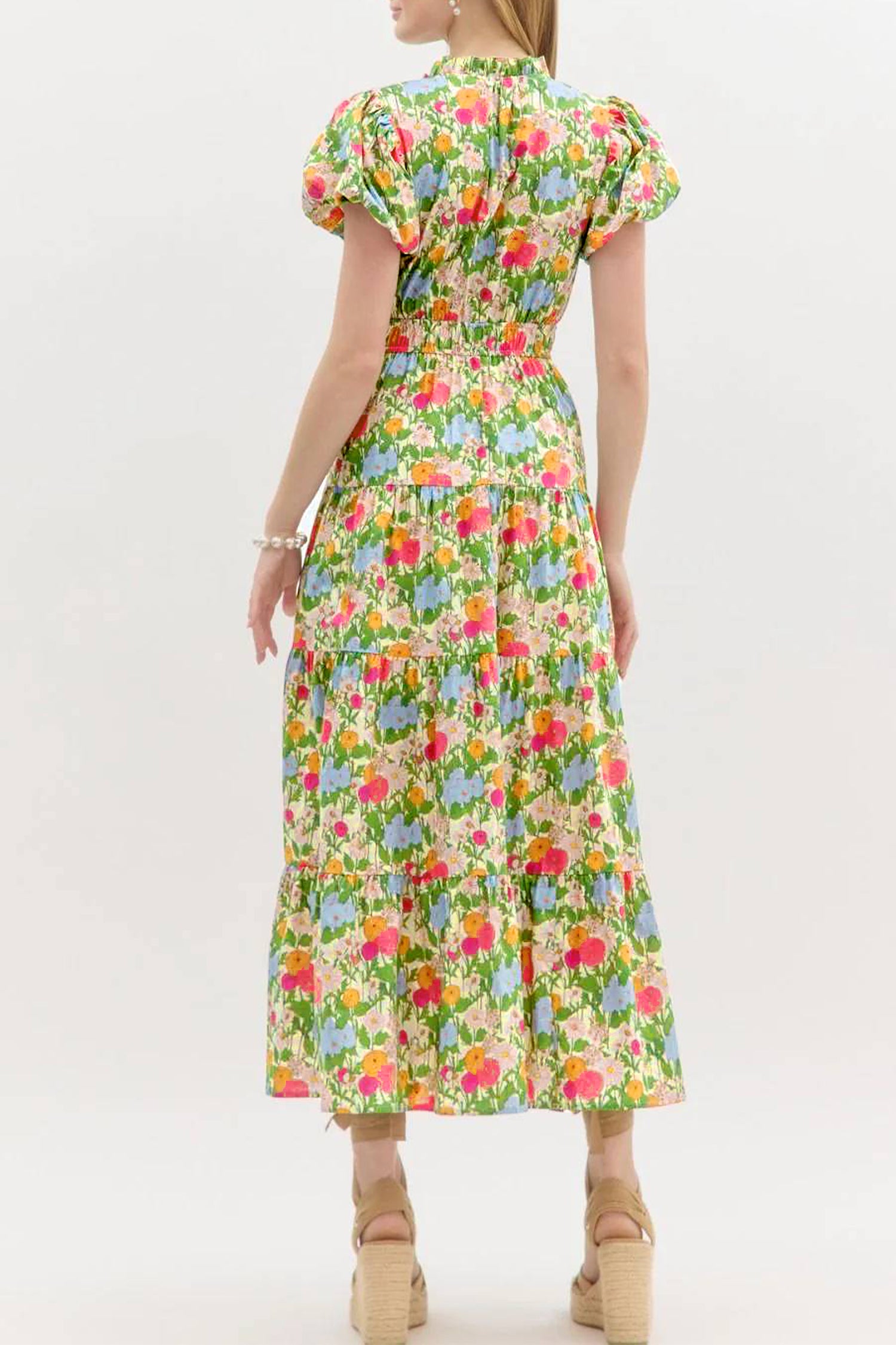 Green Floral Print V Neck Short Puff Sleeve Cotton Maxi Dress-Dresses/Floral Dresses-[Adult]-[Female]-2022 Online Blue Zone Planet