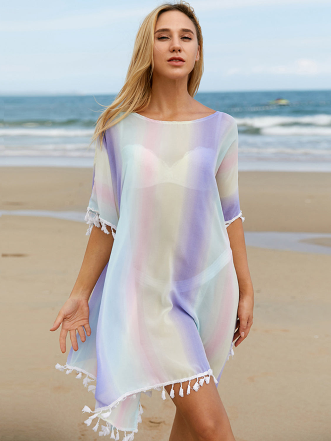 Tassel Boat Neck Half Sleeve Cover Up-TOPS / DRESSES-[Adult]-[Female]-Multi-Color-One Size-2022 Online Blue Zone Planet