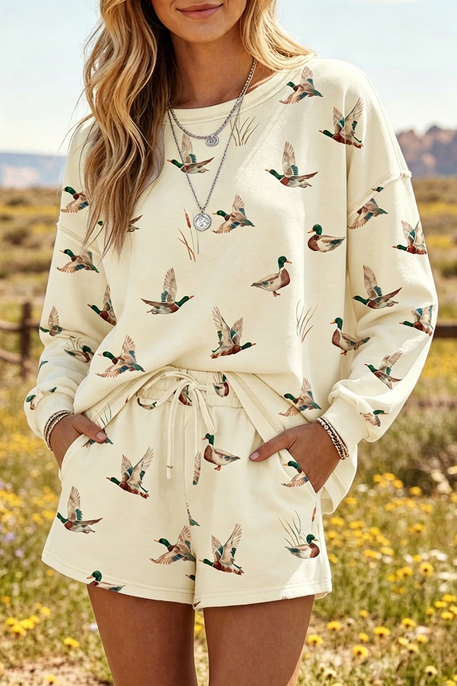 Beige Free Mallard Print Long Sleeve Top Drawstring Short Set-Two Piece Sets/Short Sets-[Adult]-[Female]-2022 Online Blue Zone Planet