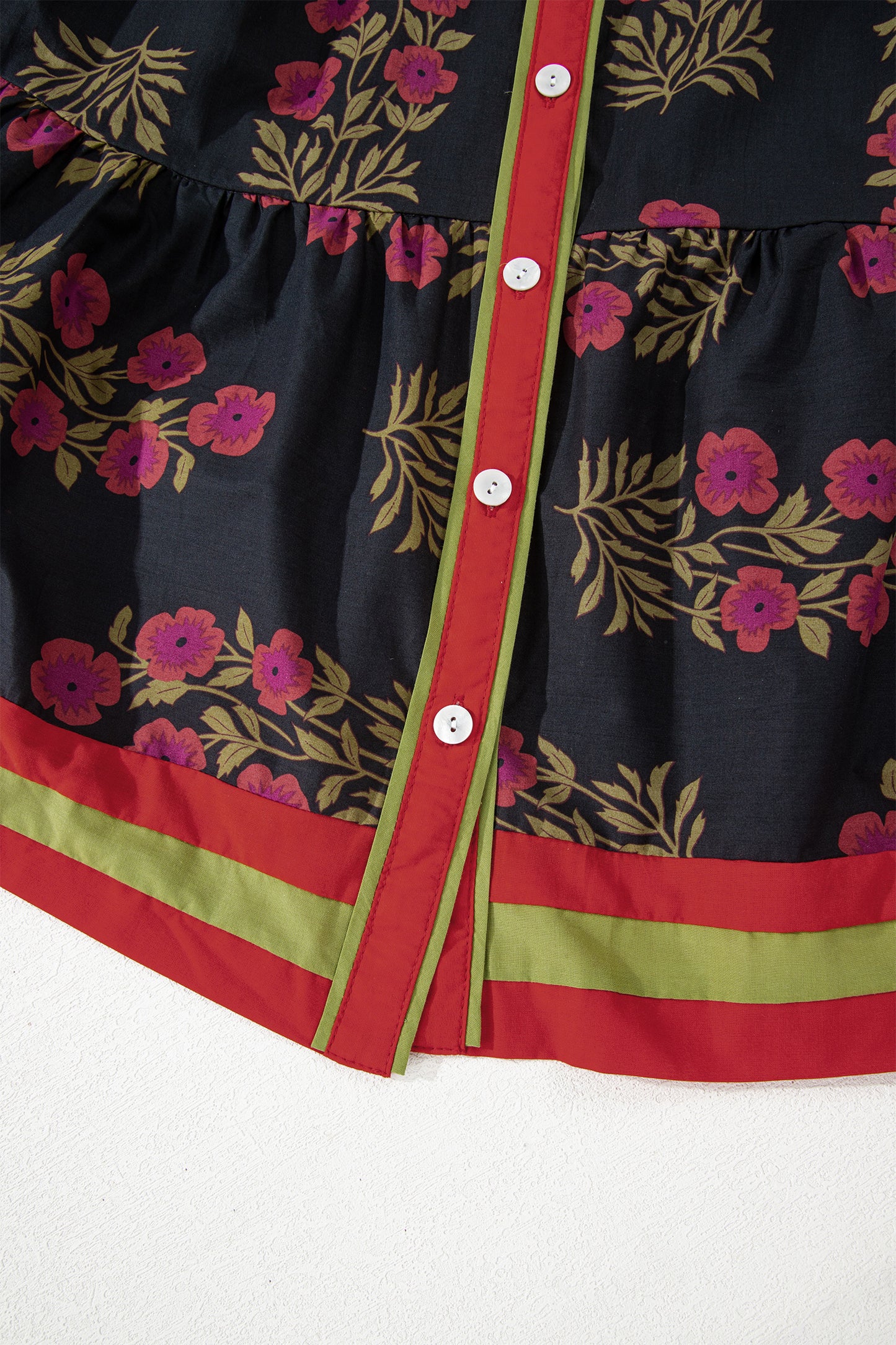 Black Retro Floral Print Button Down Belted Short Puff Sleeve Mini Dress-TOPS / DRESSES-[Adult]-[Female]-2022 Online Blue Zone Planet