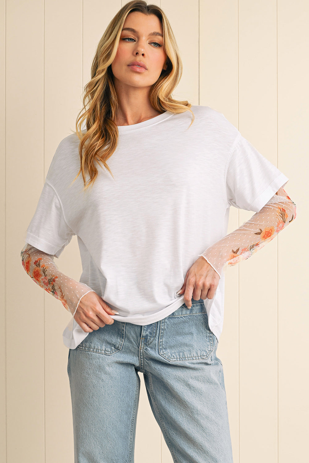 Black Floral Mesh Sleeve Fake Two-Piece Top-Long Sleeve Tops-[Adult]-[Female]-2022 Online Blue Zone Planet